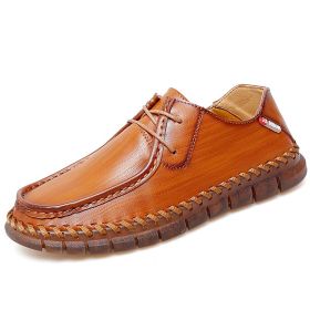 New men's large casual loafers Breathable casual leather non-slip soft sole Dad leather fashion trend men's shoes (Color: Brown, size: 46)