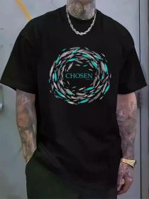 Christian Chosen Fish Print T-Shirt, Casual Crew Neck Short Sleeve Comfort Tee Top For Spring & Summer, Men's Clothing (Color: Black, size: XL)