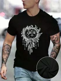 Men'S Cotton T-Shirt, Sun and Moon Print, Crew Neck, Short Sleeve, Medium Stretch, Knit Fabric, Regular Fit, Geometric Pattern, Breathable, Casua (Color: Black, size: XXL)