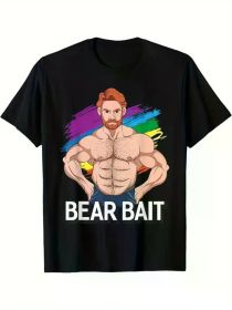 Funny LGBT Gay Male Pride Bear Bait Print for Men Women Couple Fashion T-Shirt, Street Short Sleeve Cotton T-Shirt -Ultra-Soft, Breathable (Color: Black, size: M)